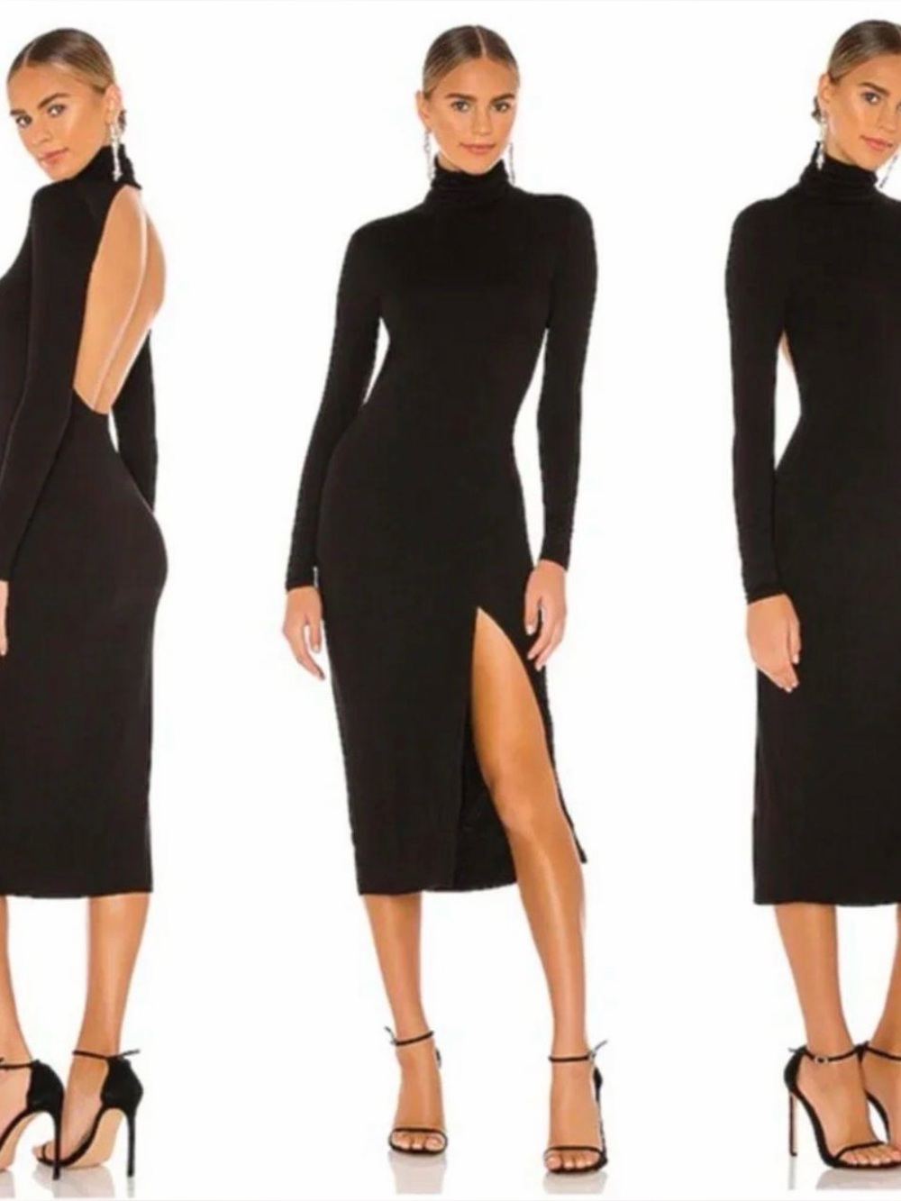 Lovers And Friends Black Midi Dress Long Sleeve Turtleneck Open Back Bodycon SM